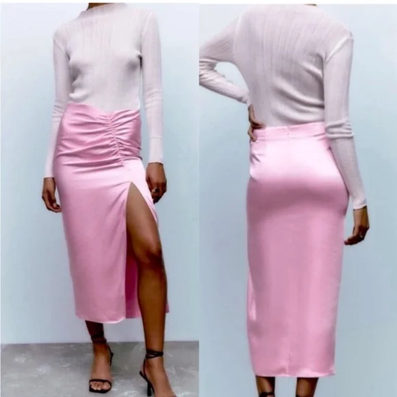 Zara satin silky pastel pink scrunched skirt - Picture 9 of 10
